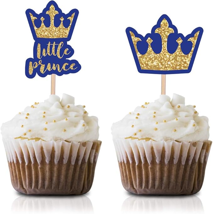 little prince 纸杯蛋糕装饰片,24 件装皇家蓝金色男孩迎婴派对儿童